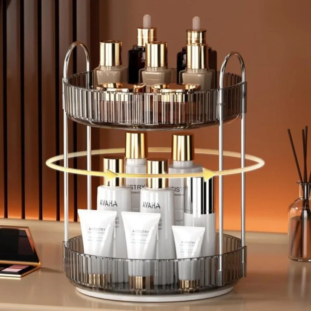 New 2-Tier 360° Rotating Smoky Gray Makeup Organizer for Vanity & Room Storage